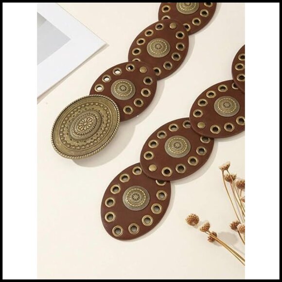 Western Concho Disc Belt Vintage Boho Style Adjustable Wide Cowgirl Accessory - Picture 5 of 6